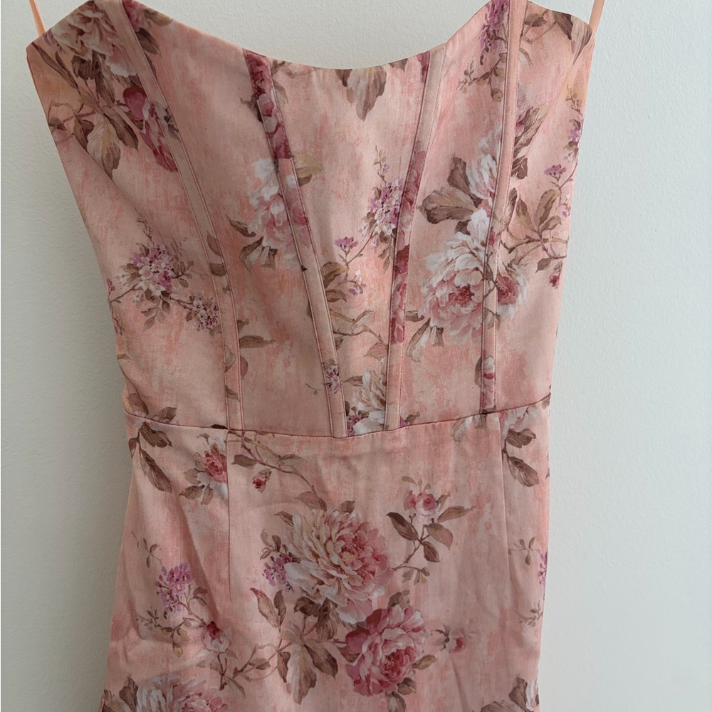 V. Chapman Strapless V. Chapman June Printed Corset Front-Slit Satin Gown - Picture 5 of 8